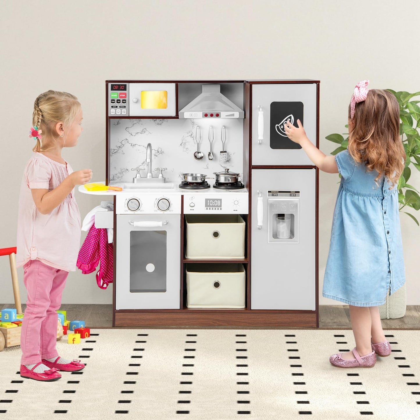 Costzon Kids Kitchen Playset, Wooden Pretend Cooking Kitchen Toy With Realistic Sounds & Light, Range Hood, Microwave, Ice Maker