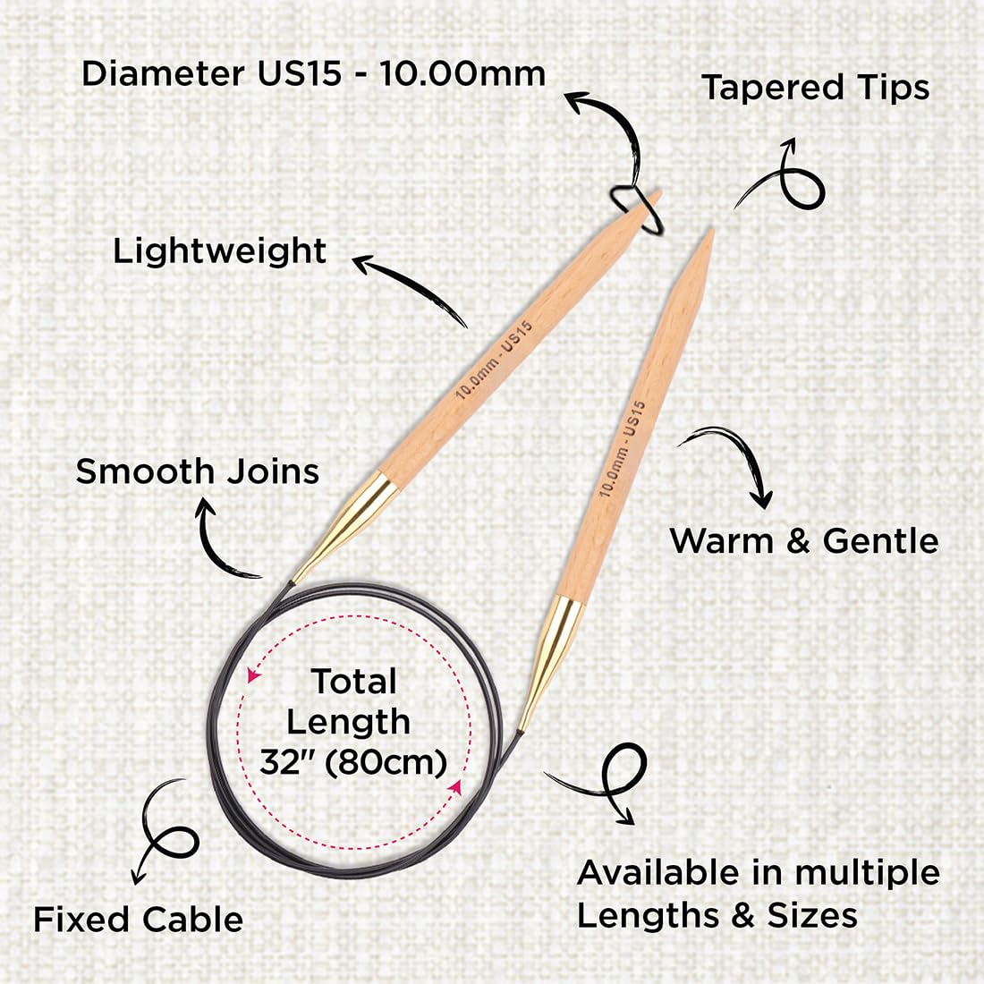 KNITPRO 80 cm x 10 mm Basix Fixed Circular Needles, Birch