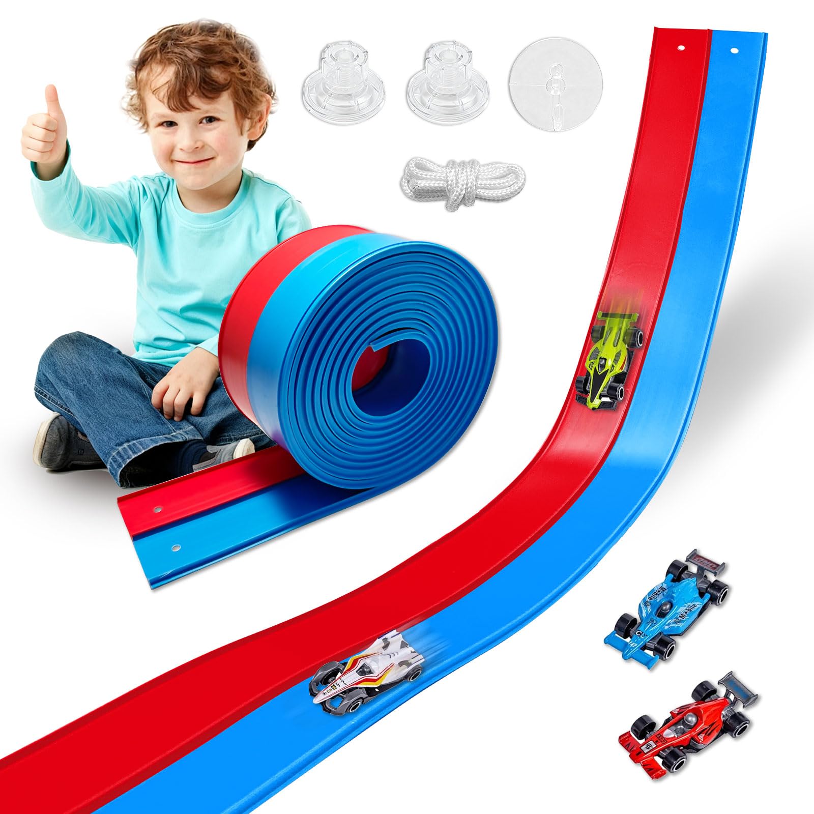 Flexible Race Track Toys for Kids 15 Ft with 4 Cars & Suction Cups, Portable Double Lane Racetrack Compatible with Hot Wheels & 