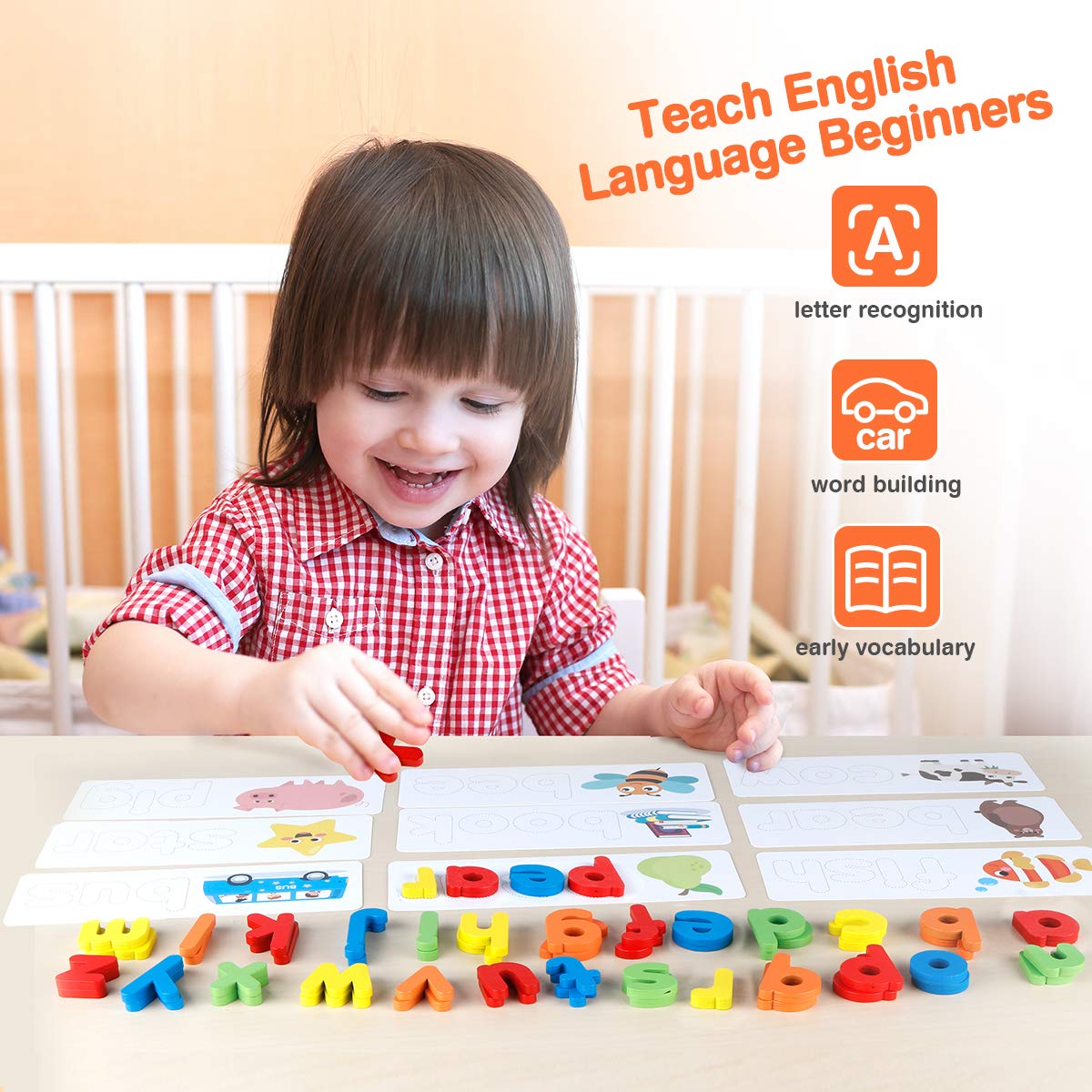 Coogam Read Spelling Learning Toy, Wooden Alphabet Flash Cards Matching Sight Words ABC Letters Recognition Game Preschool Educa