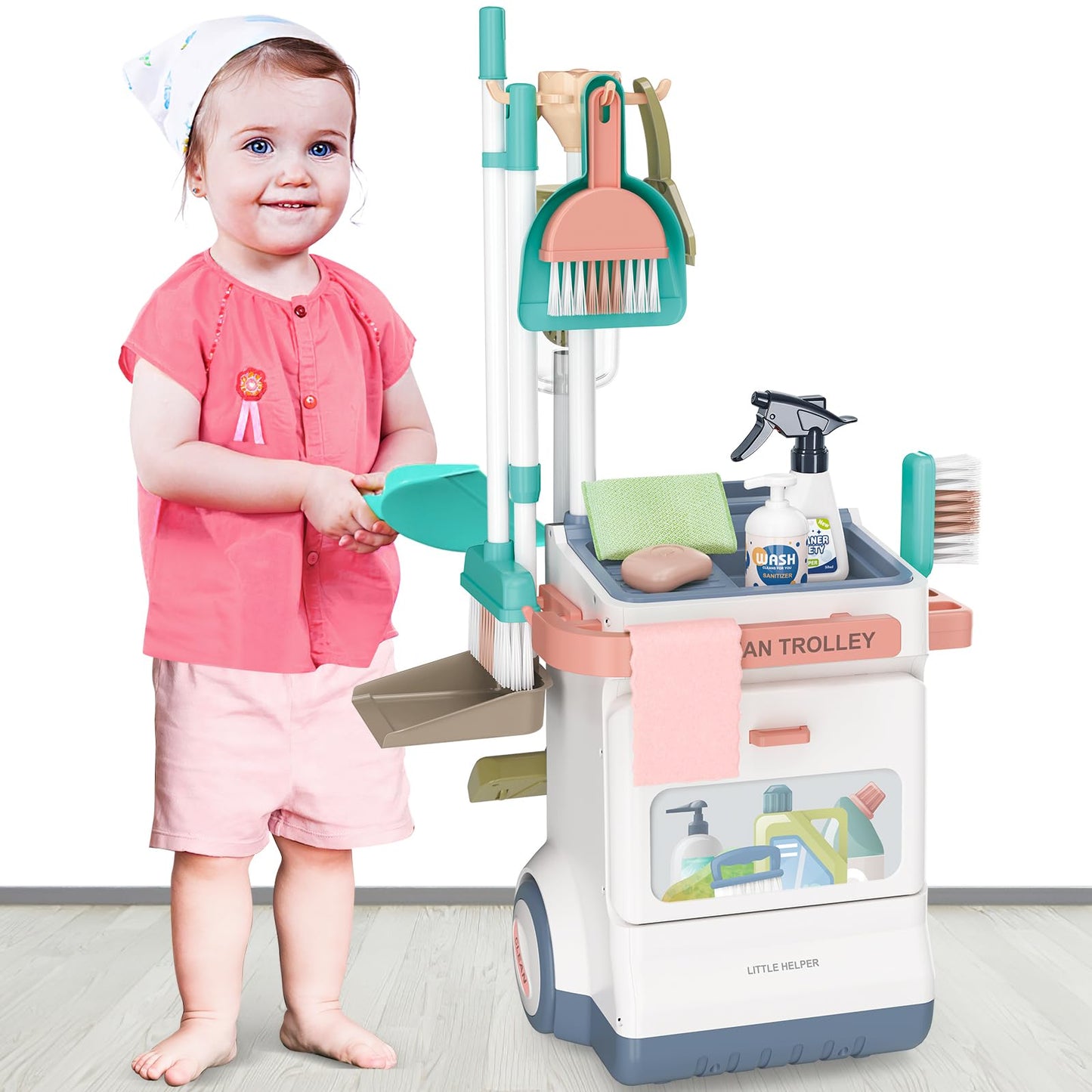 Deao Kids Cleaning Set, 20 Pcs Pretend Play Housekeeping Supplies Kit ,Includes Real Working Vacuum Cleaner, Kid Broom, Spray Bo