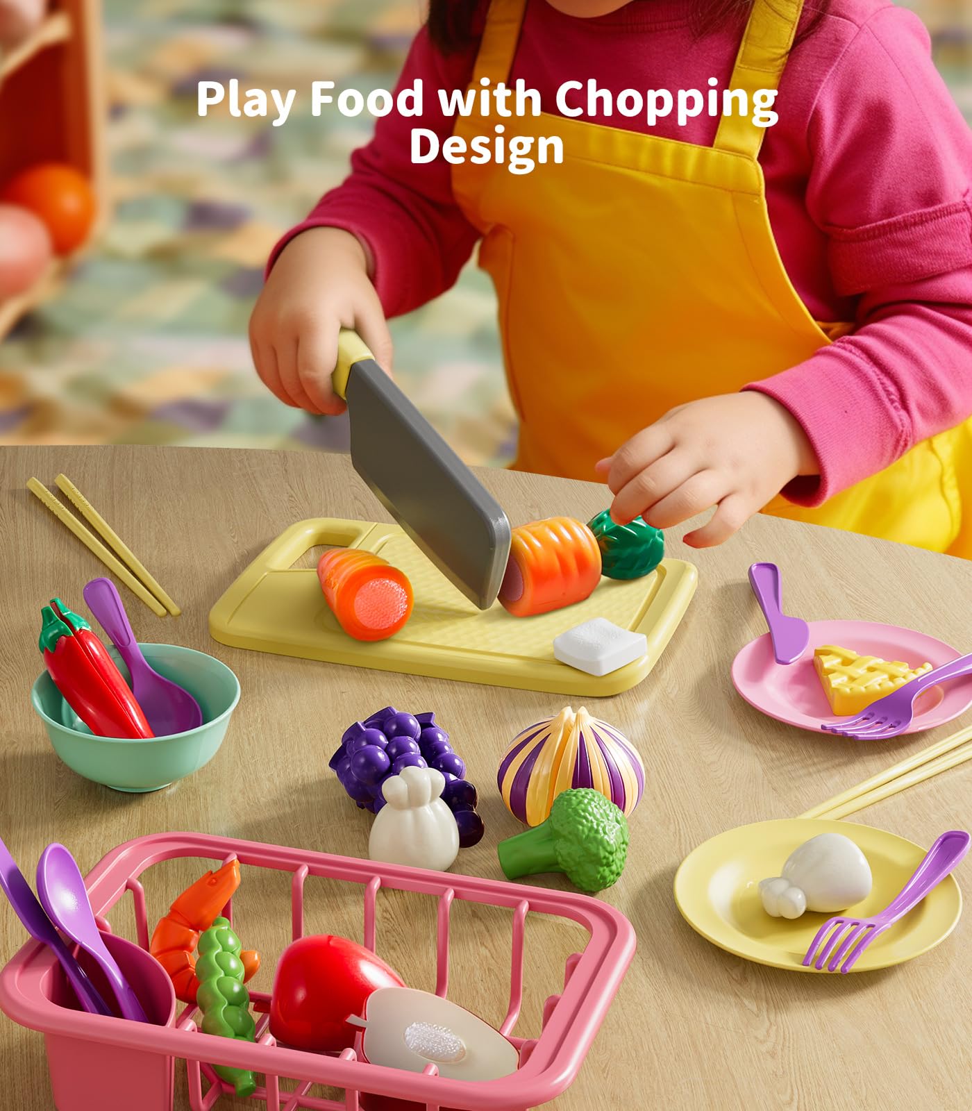Geyiie Kids Sink with Running Water, Toddler Kitchen Sink Toy with Real Faucet, Chopping Foods, Play Dishes and Dish Rack, 30Pcs