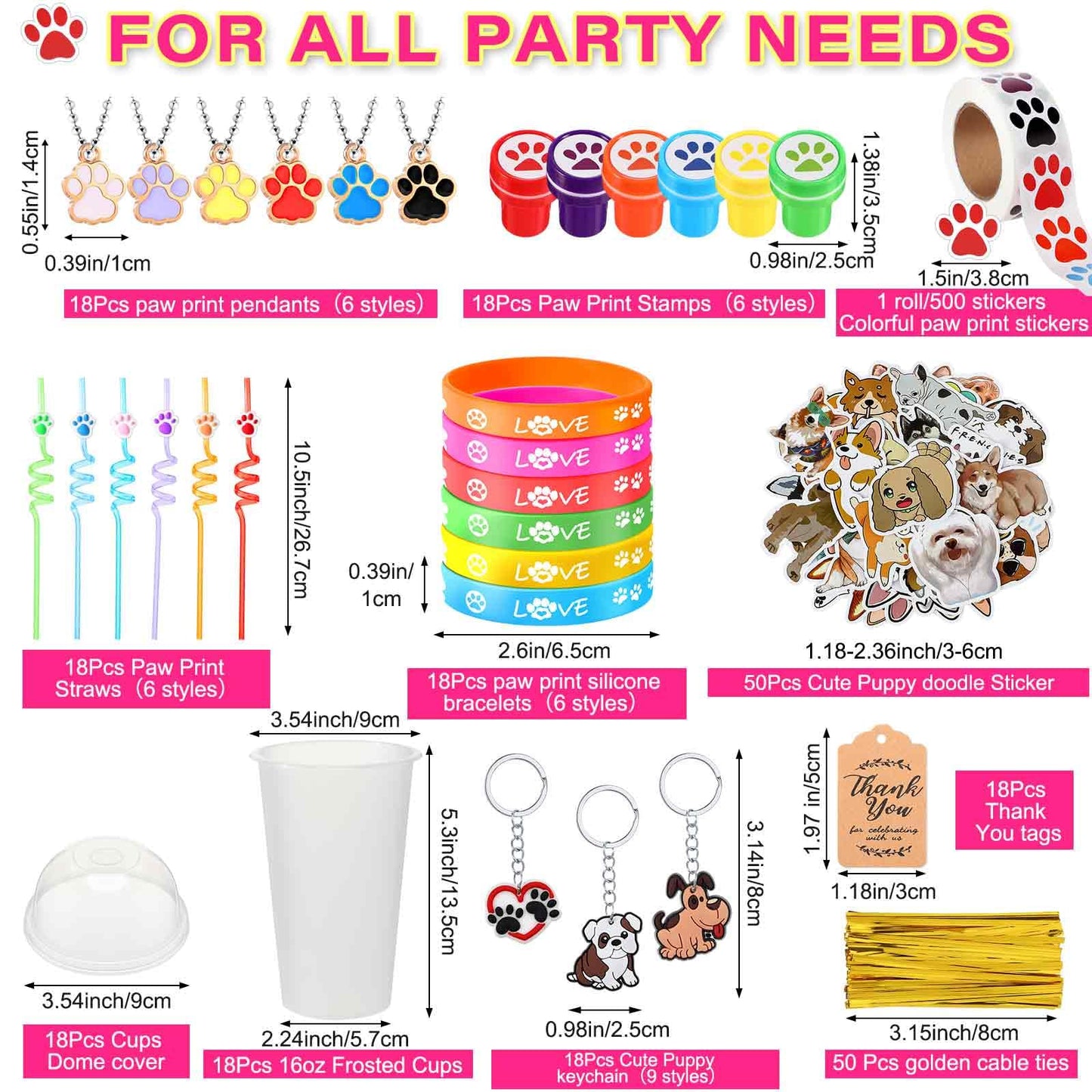 Gejoy 178 Pcs Dog Paw Party Favors Set Includes Paw Straws Cups Silicone Bracelet Keychain Stamper Sticker Pendant Chain Thank Y