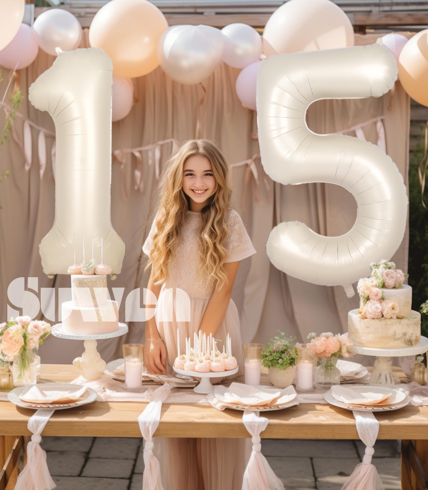 Suwen 40 Inch Cream White Large 15 Number Balloons Big Foil Helium Number Balloons 0-9 Jumbo Happy 15Th Mylar Birthday Party Dec