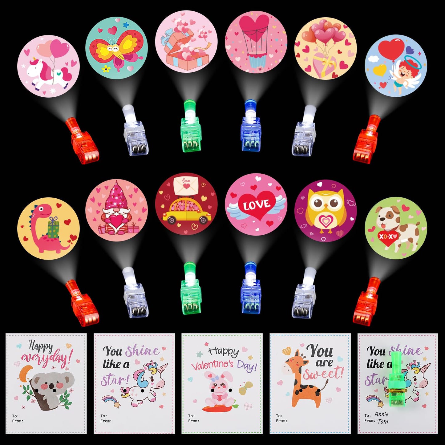 Aulock Valentine'S Day Gifts For Kids - 24 Pcs Led Projection Finger Lights, Valentine'S Day Greeting Cards Party Favors Glow To
