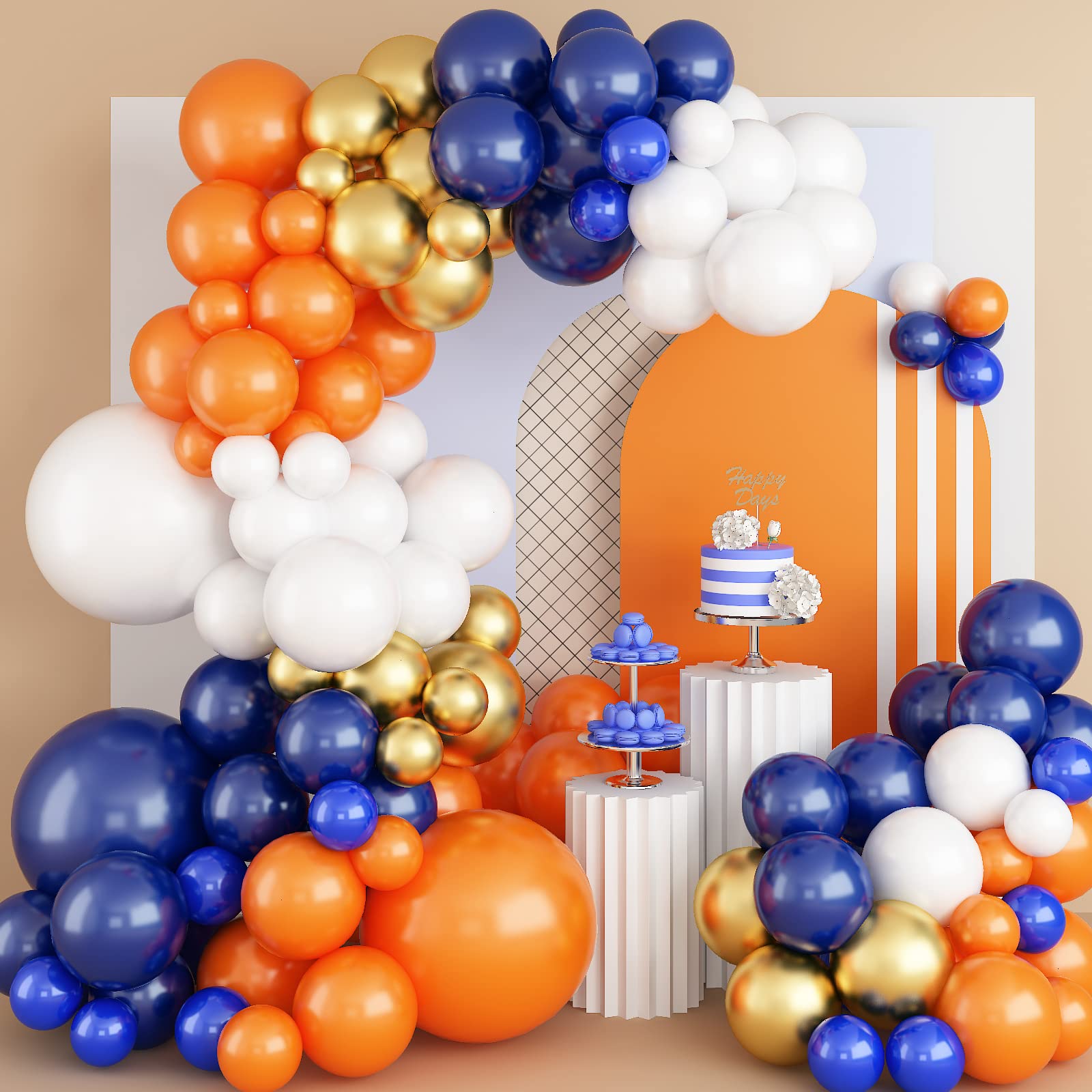 103 Pcs Balloon Arch Kit, Navy Royal Dark Blue Gold Orange Balloons Garland Kit, Metallic Chrome Latex Matte Balloons Different