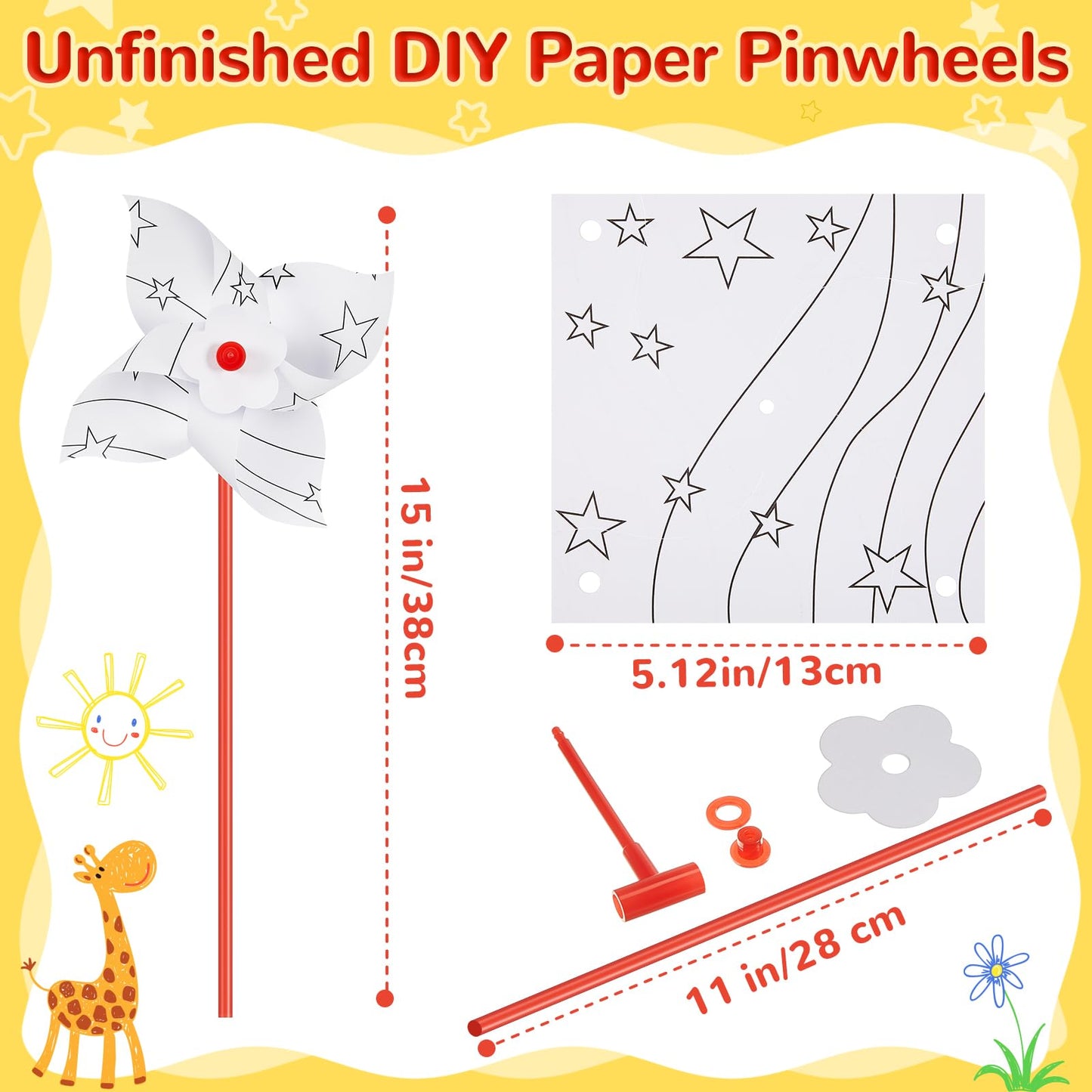 100 Pcs DIY Pinwheels Craft White Blank Paper Pinwheels Patriotic Craft Bulk Spring Summer Graffiti Art Kit for Kids Fun Activit