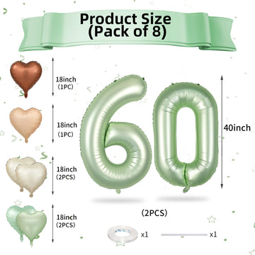 Biapian 40 Inch Sage Green Number 60 Balloons, Large Foil Number 6 & 0 Balloons With 18'' Olive Green Heart Balloon For 60Th Yea