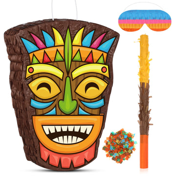 Threan Small Tiki Piñata Tropical Hawaii Piñata With Blindfold Bat Aloha Luau Piñata For Hawaiian Luau Themed Party Decoration Summer Birthday Party Supplies, 15.7 X 3.1 X 12.2 Inch