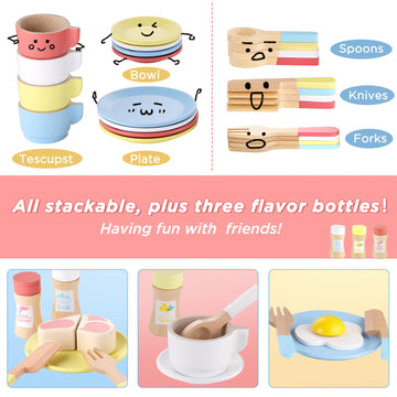 GAGAKU Wooden Play Dishes and Plates for Kids Kitchen Set 27 PCS Montessori Wooden Play Kitchen Accessories Kitchen Toy Wooden P