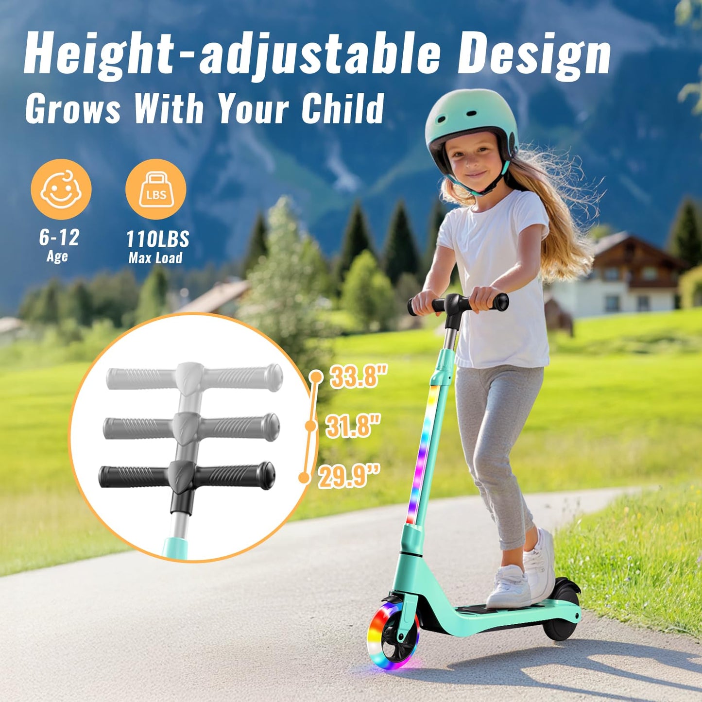LIEAGLE Electric Scooter For Kids Age 6-12, 60W Motor, 5Miles Range, 6.2mph, 5.3 Rubber Tires w/RGB Wheel Lights & 7-Color Headl