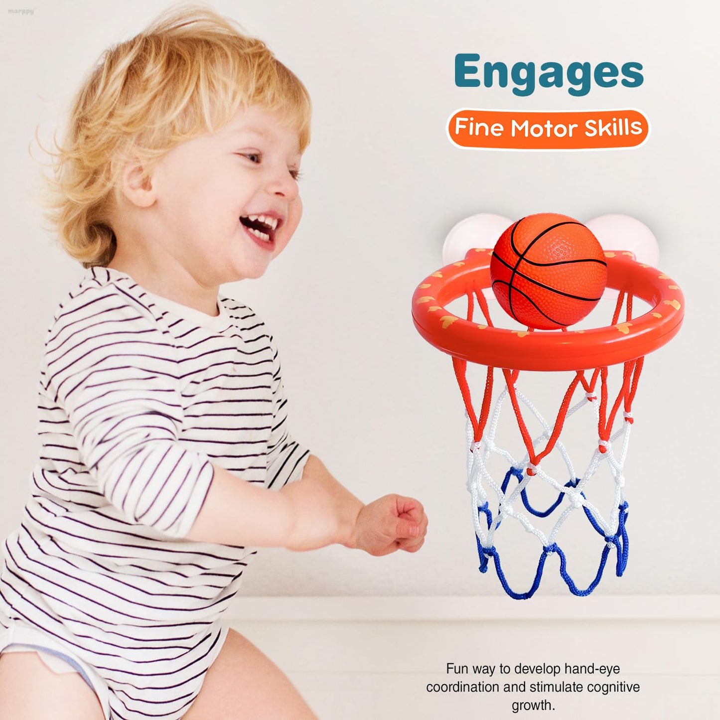 Marppy Bath Toys - Bathtub Basketball Hoop For Toddlers Kids - Mold Free Bath Toys Shower Toys - Suction Cup Basketball Hoop With 4 Soft Balls For Kids, Toddlers - Boys And Girls