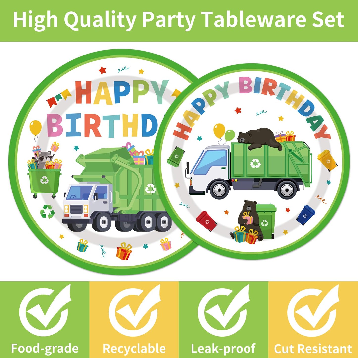 EUOYUFO 96PCS Garbage Trash Truck Plates and Napkins Party Supplies Trash Truck Birthday Party Decorations Waste Management Recy