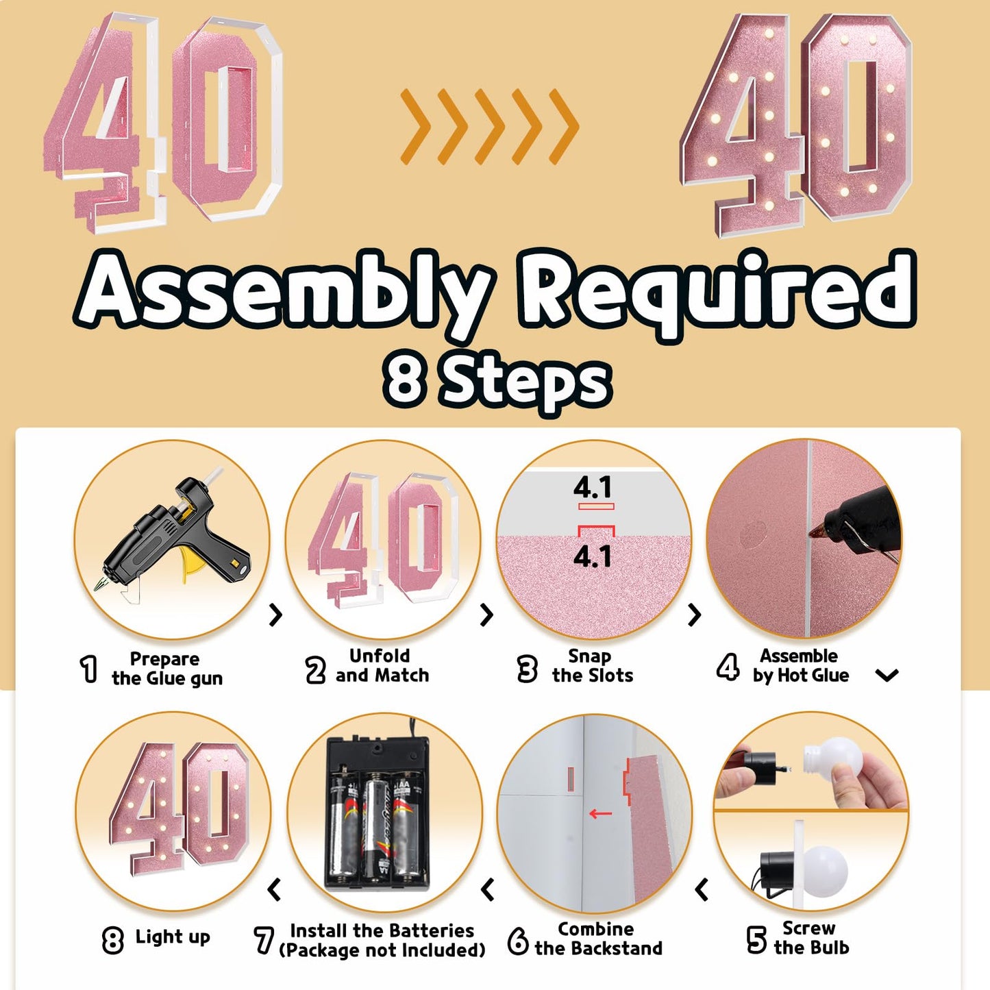 Imprsv 3Ft Rose-Gold 40Th-Birthday Decorations Numbers: 40Th Birthday Party Anniversary Decorations Large Light Up Numbers 40 Fo