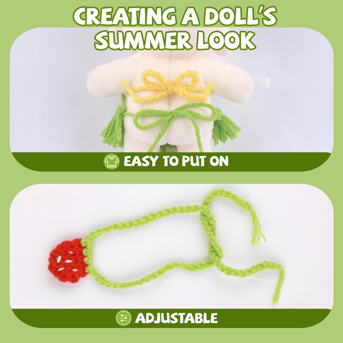 Handmade Clothes for Doll  5-Piece Set Woolen Crochet Doll Clothes 6.7in/17cm Outfits Cute Accessories Includes Chickadee Shoes+Straw Skirt+Bikini top+Floral Headband+Strawberry Backpack