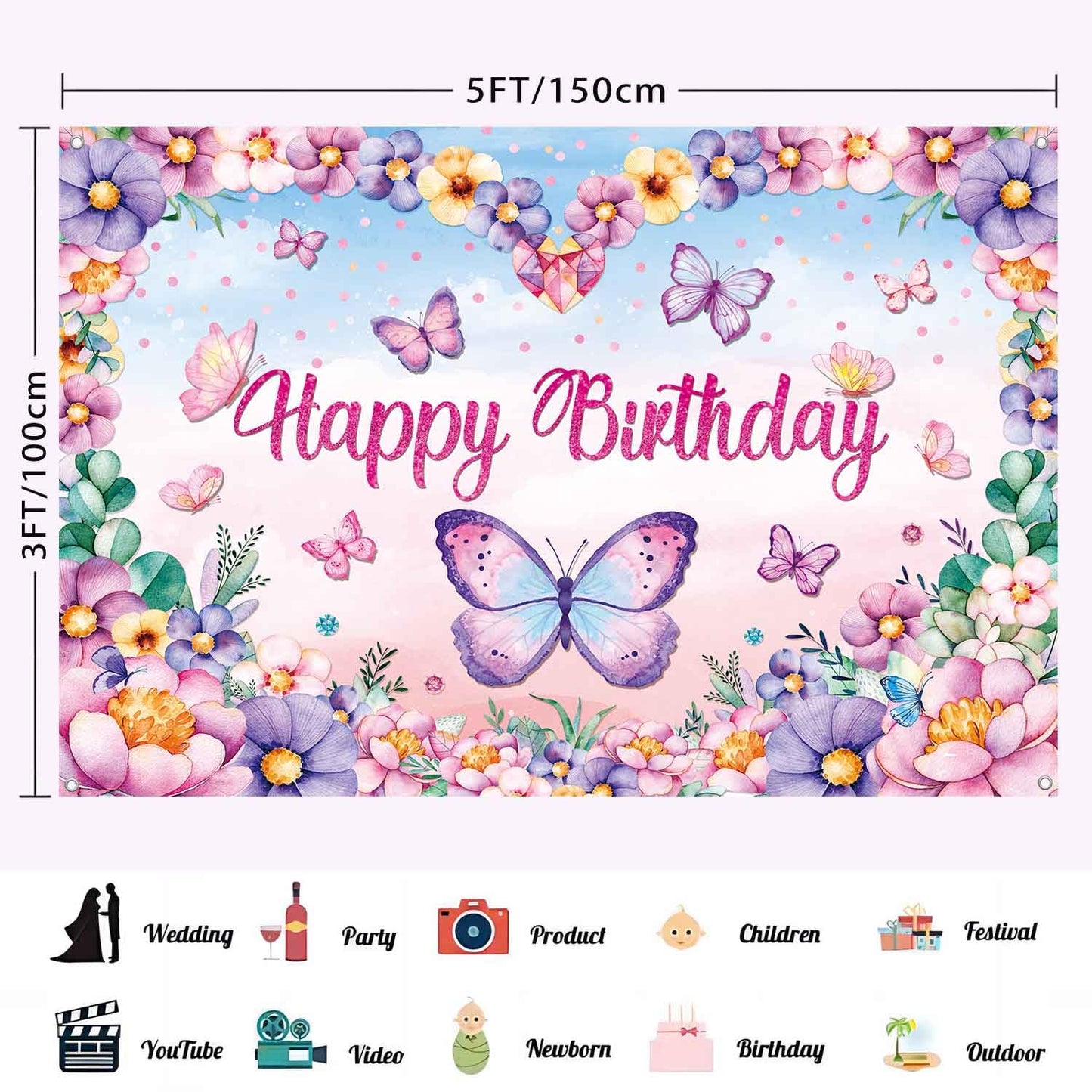 LDWLYW Butterfly Birthday Backdrop Butterfly Happy Birthday Banner for Women Kids Girl Pink Purple Butterfly Birthday Party Deco