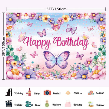 LDWLYW Butterfly Birthday Backdrop Butterfly Happy Birthday Banner for Women Kids Girl Pink Purple Butterfly Birthday Party Deco