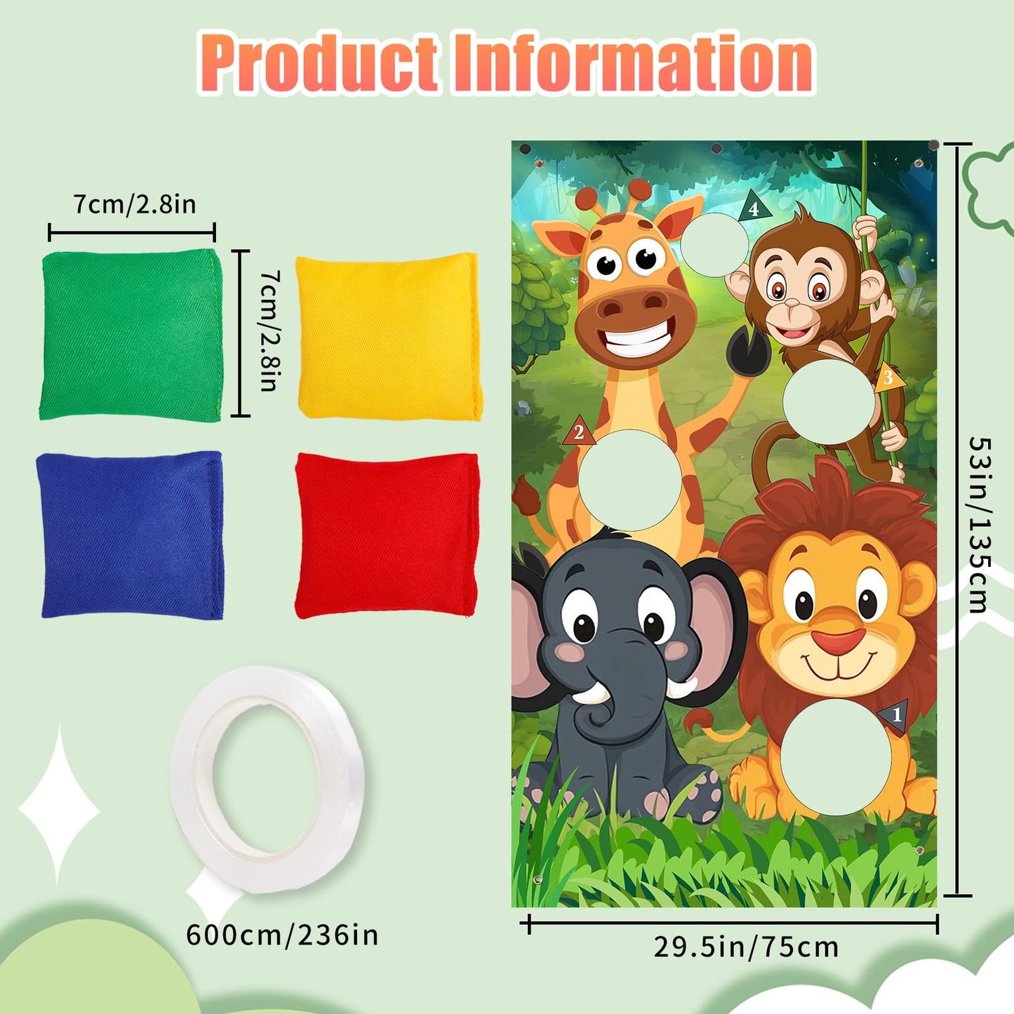 Jeffbaubl Animals Toss Game Banner with 8 Bean Bags, Satin Material, Jungle Theme Outdoor Yard Game