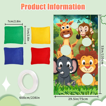 Jeffbaubl Animals Toss Game Banner with 8 Bean Bags, Satin Material, Jungle Theme Outdoor Yard Game