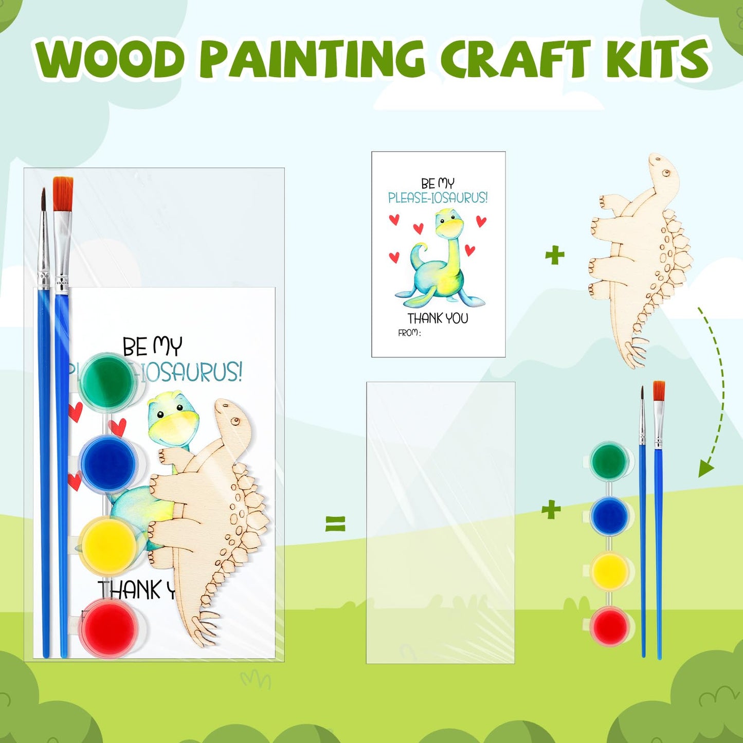 Leinuosen 28 Sets Dinosaur Party Favors Wood Painting Craft Kits with Art Supplies and Inspirational Cards Thank You for Coming