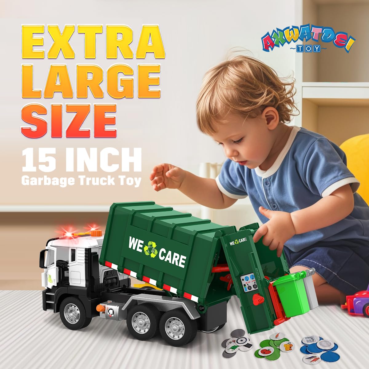 AXWATDEI Garbage Truck Toy - Large Friction Powered Trash Truck with Lights, Sounds, 4 Trash Bins, Green, Model WY1115A