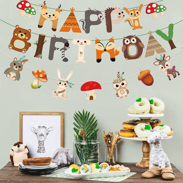 Zwiebeco Forest Animals Birthday Party Decoration Supplies - Animals Happy Birthday Banner Bunting Garland Hanging Paper Kit For