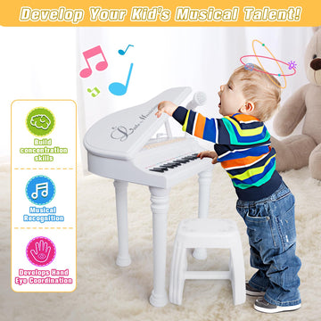 Love&Mini Piano Toy Keyboard White 31 Keys For Age 2+ Year Old Girls Boys Birthday Gifts, Kids Keyboard Toy Instruments White Piano With Microphone And Stool