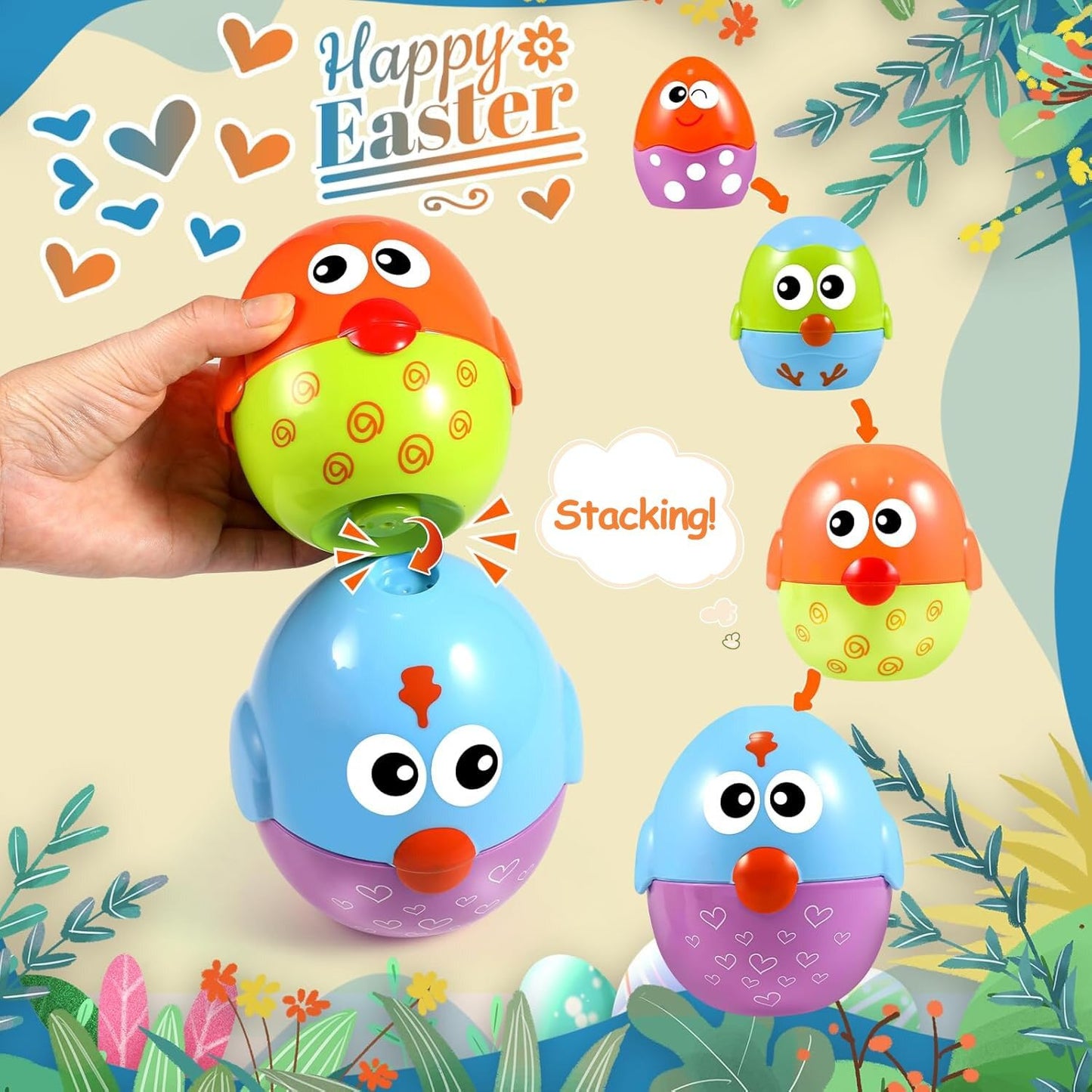 Easter Eggs Toys Basket Stuffers For Toddlers 1-3, Baby 18 Months, 8 Pcs Plastic Nesting & Stacking Matching Toys , Easter Gifts