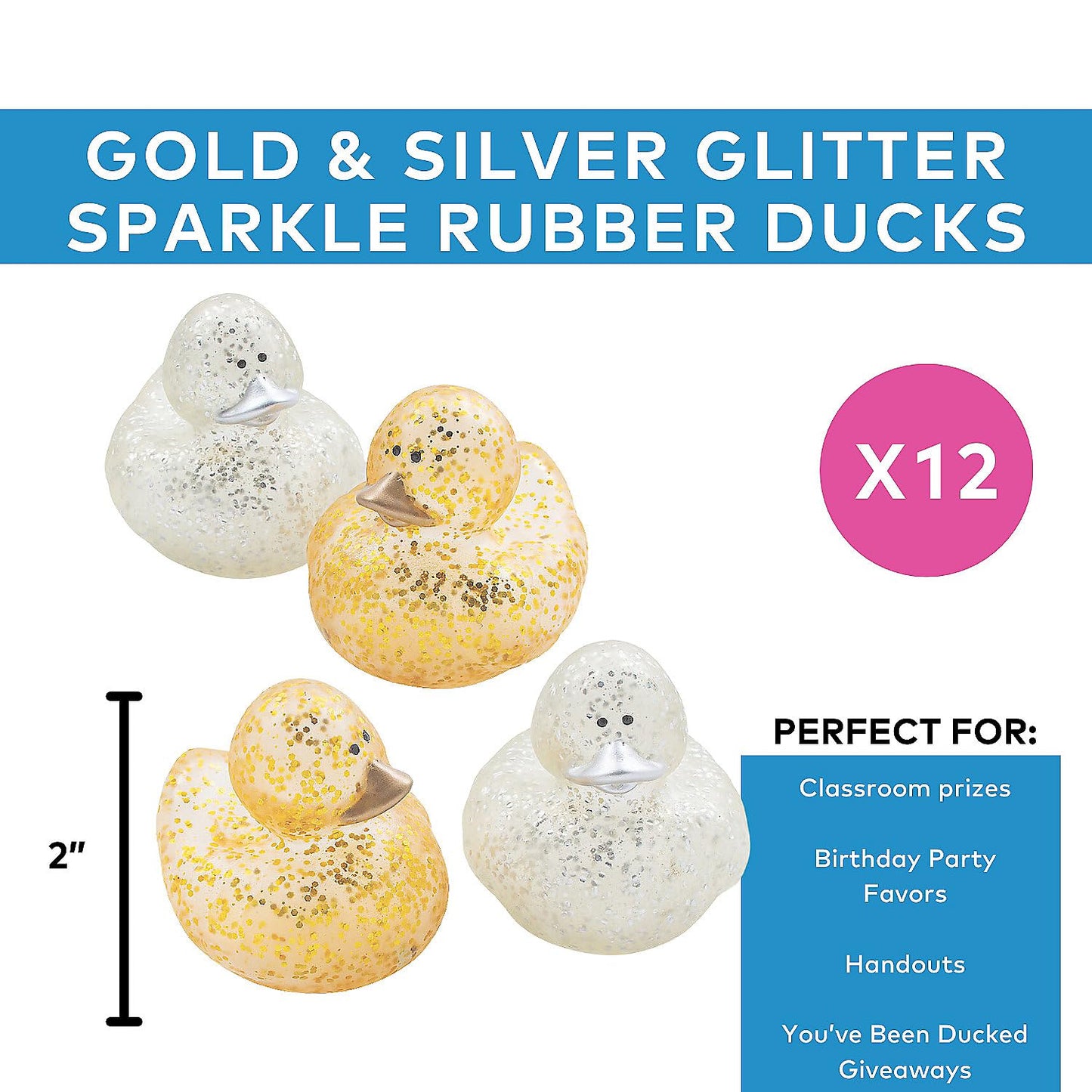 Fun Express Gold & Silver Glitter Sparkle Rubber Ducks - 12 Pieces | Baby Shower, Beach, Pool, Birthday, Bathtub Toys