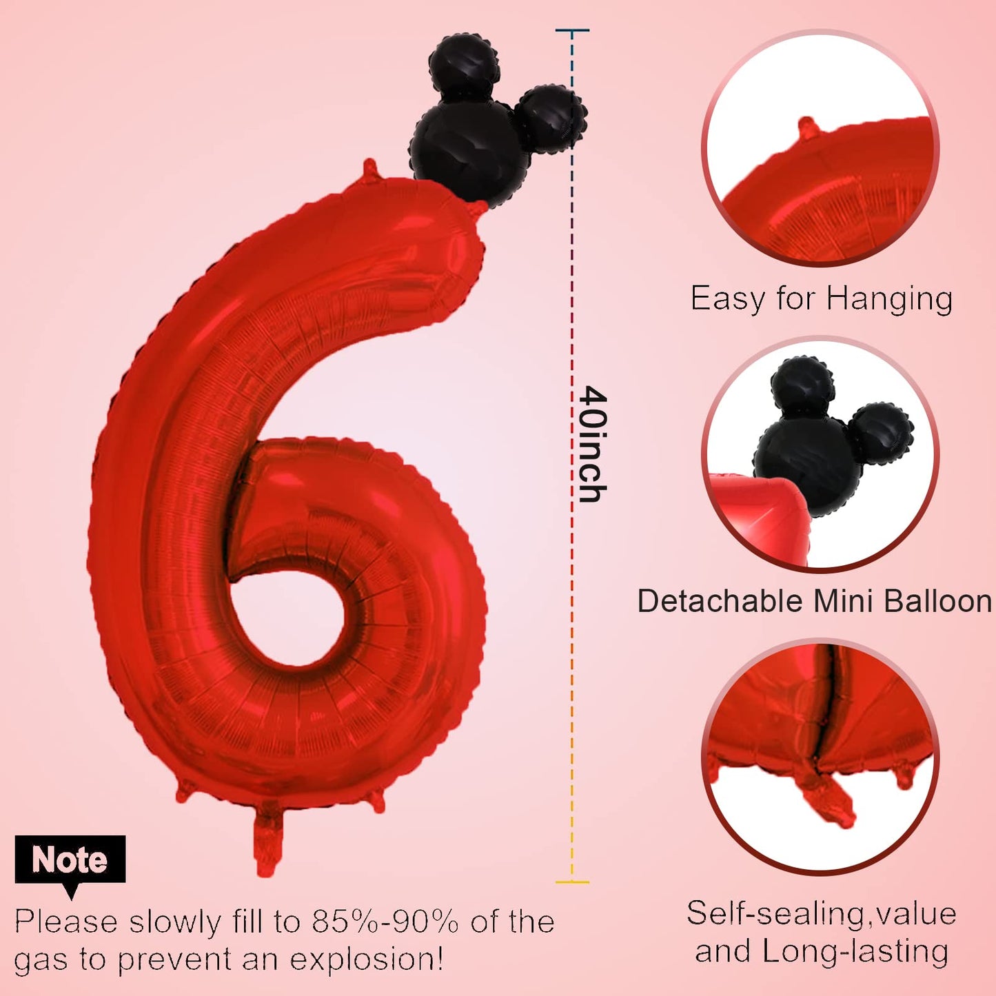 40 Inch Red Number 6 Balloon & Mini Mouse Head Balloon, 6Th Birthday Party Decoration Balloons, Cartoon Mouse Birthday Party Sup