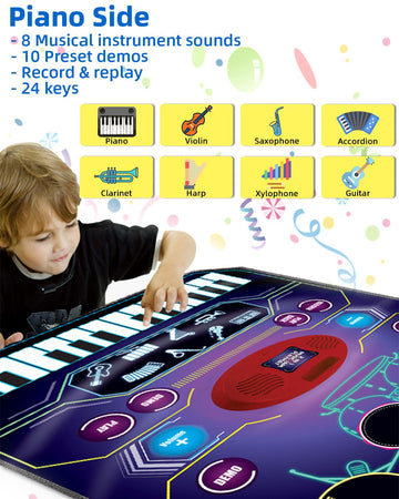 Sunlin 2-In-1 Music Jam Mat, Music Learning Toy For Boys Girls 3-6, Drum Set + Piano Mat, Toddler Birthday Gift 3 4 5 6 Years, Record & Playback, Built-In Songs, 8 Instrument Sounds, Volume Control