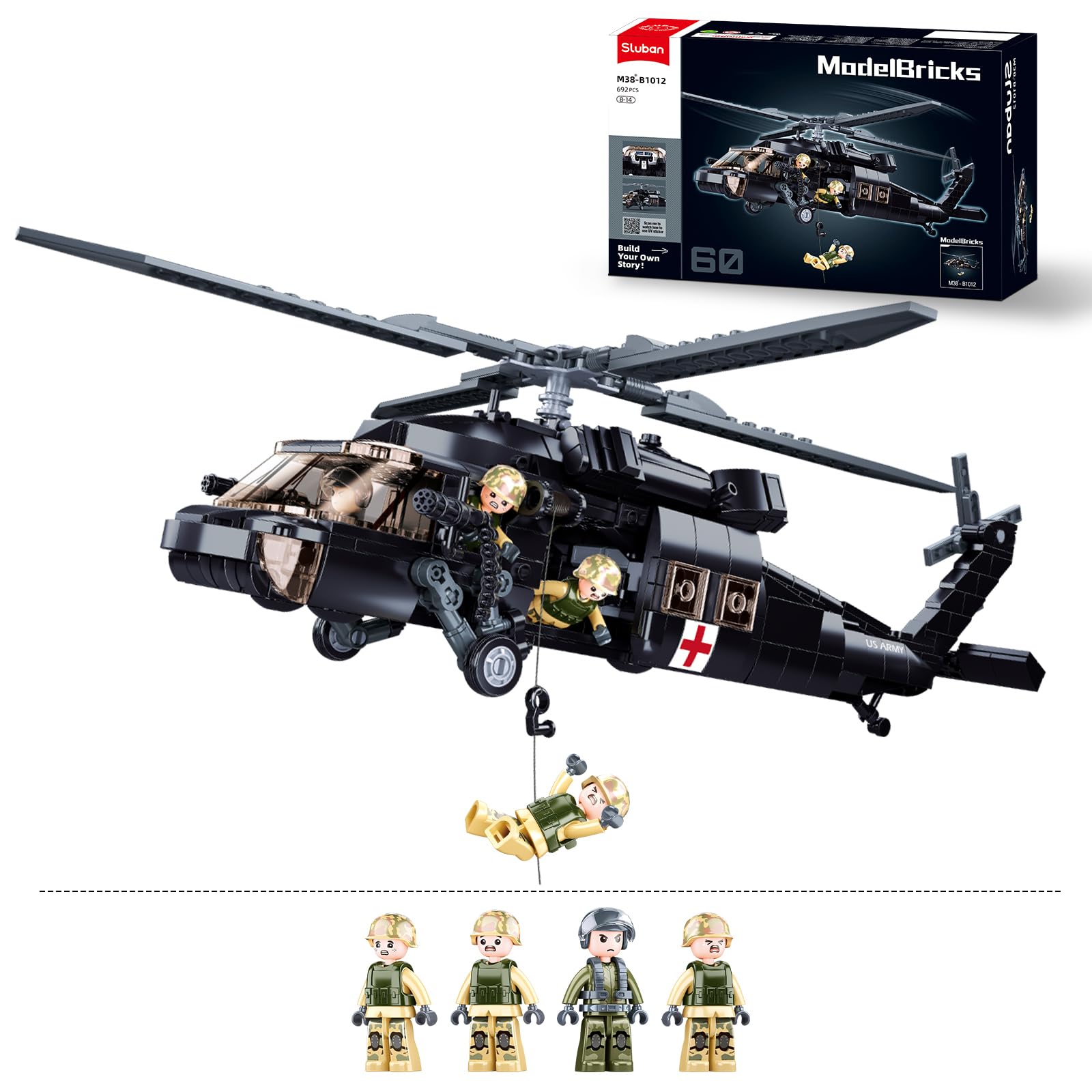 Uh-60 Black Hawk Helicopter Military Set, Army Airplane Building Bricks, Rescue Helicopter Model Kits With 4 Soldier Minifigures, Gifts For 6-12 Year Old Kids, Compatible With Lego, 692 Pcs