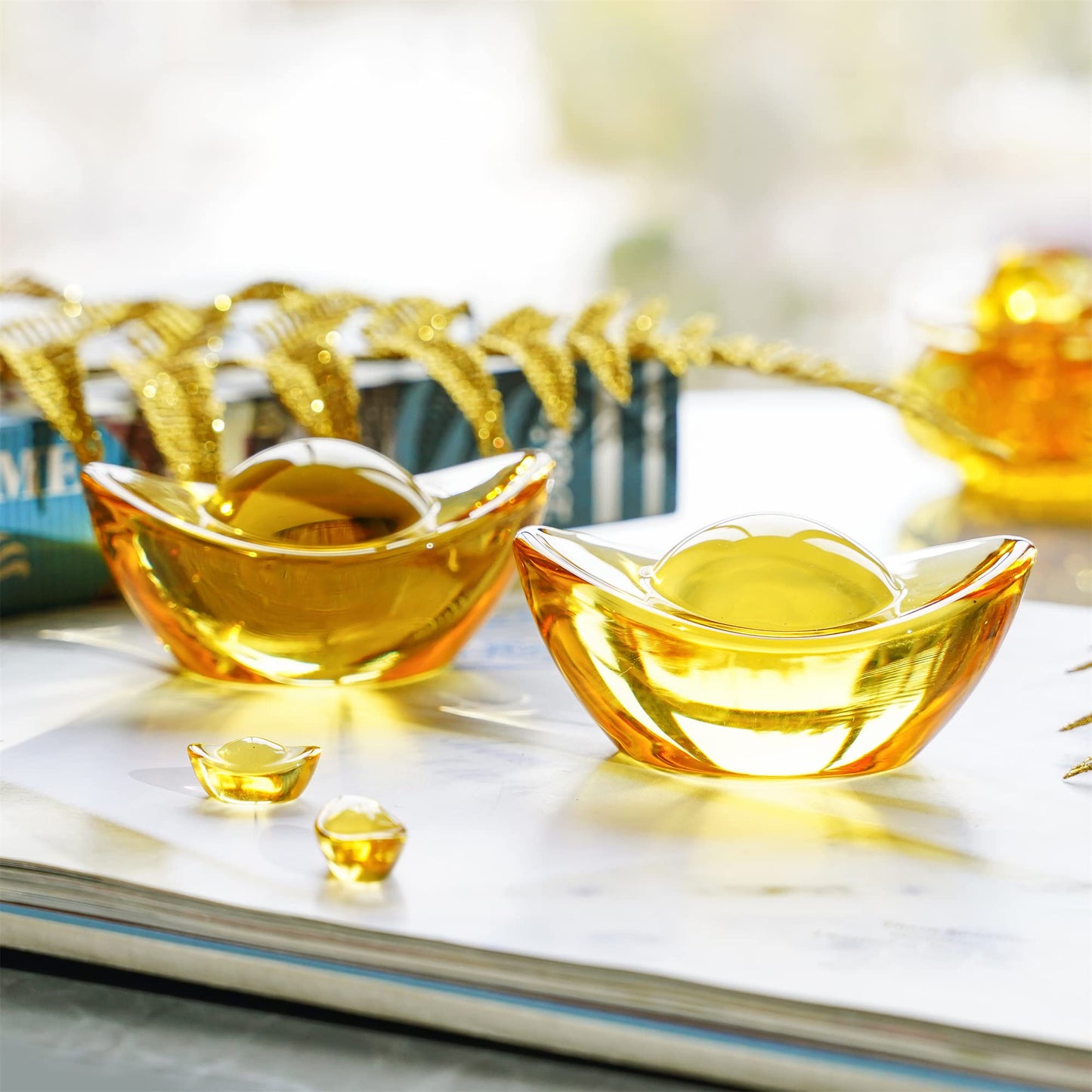 2Pcs Handmade Chinese Yellow Crystal Yuan Bao Figurine Collectibles Feng Shui Golden Ingot Statues Ornament For Wealth Luck,3Inch