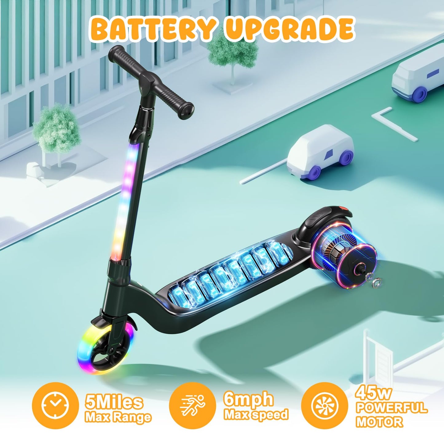 CBD Electric Scooter for Kids  6 Mph Top Speed  Up to 5 Miles Range  5.3  Solid Tires Wheel and Front Light  Kick Scooter Adjustable Height for Kids Age 6-12  Black