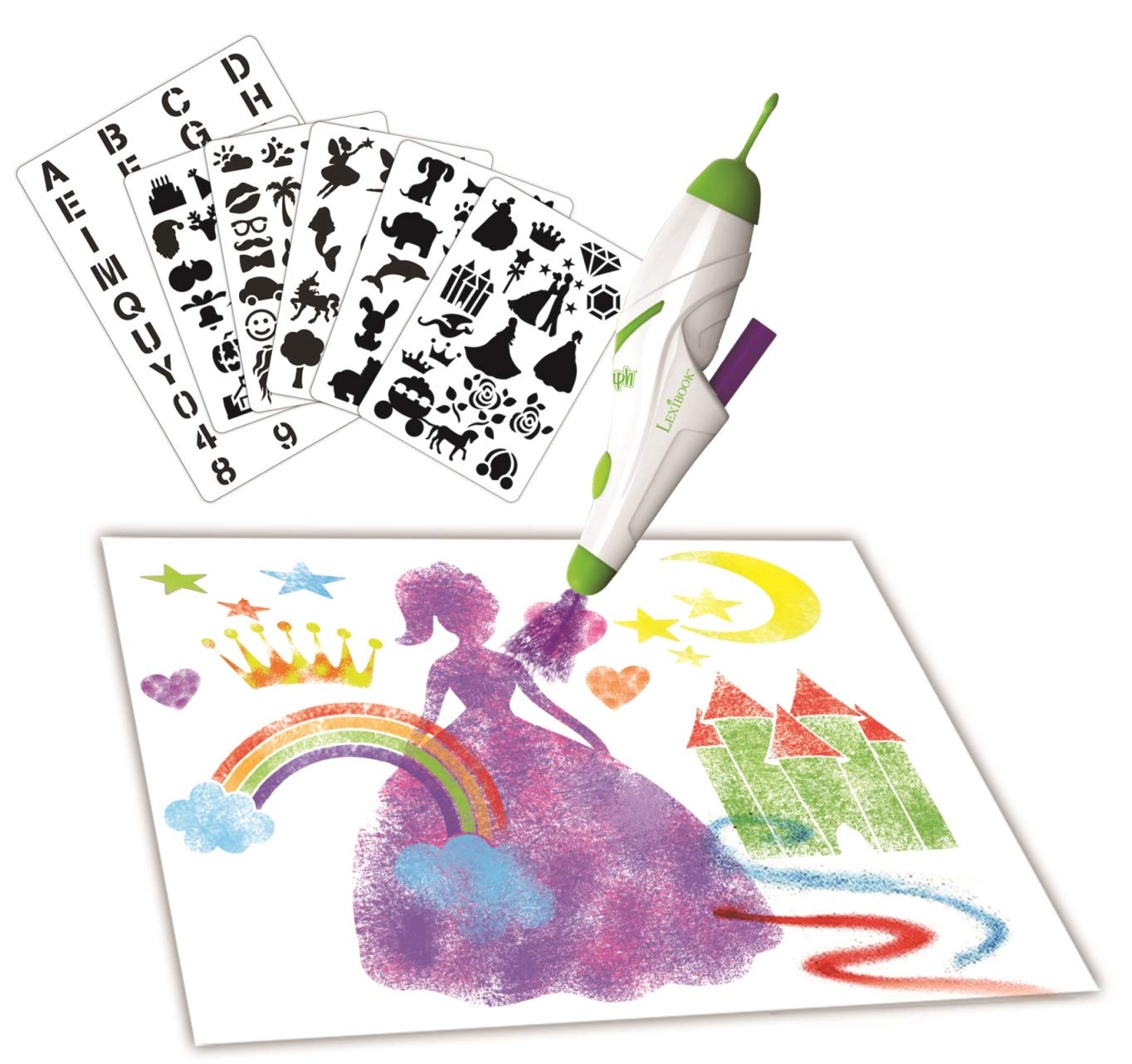 LEXIBOOK Aerograph Air Marker Sprayer, Spray Art Electric Airbrush Marker Set, Magic Pen Coloured Markers Stencils Children Toy 
