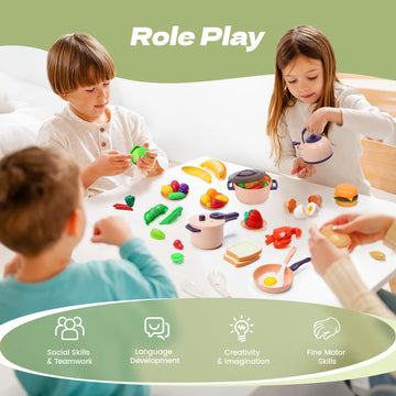 Cute Stone 51-Piece Mini Play Kitchen Accessories For Kids, Pretend Cooking Playset With Pots, Pans, Utensils, Cutting Fun Fruit
