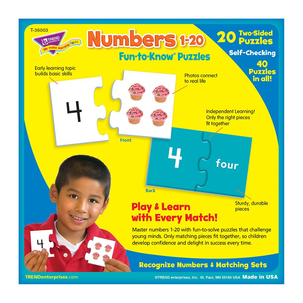 Trend Enterprises: Fun-To-Know Puzzles: Numbers 1-20, Learn Numbers, Counting & Sets, 20 Two-Sided Puzzles, Self-Checking, 40 Pu
