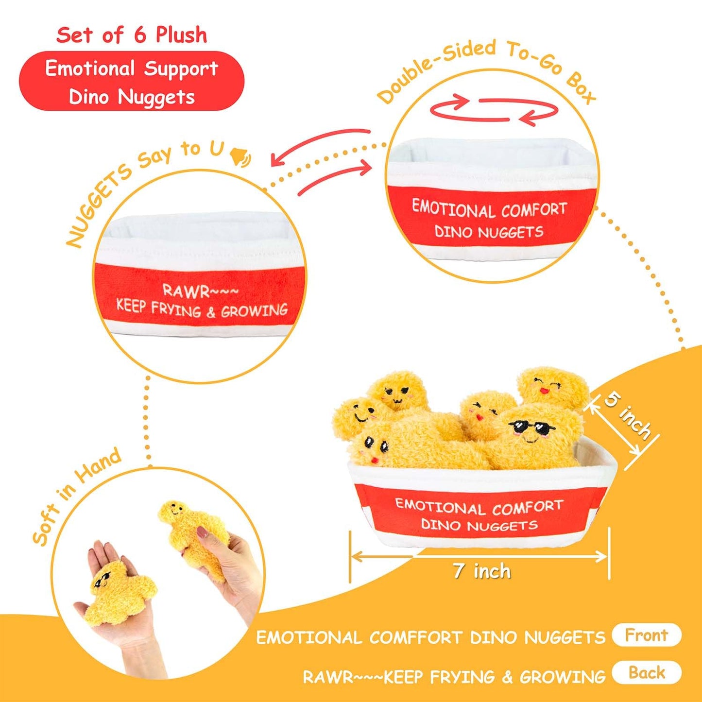 Positive Emotional Support Dino Nuggets Plush Toy, 6 Cute Stuffed Chicken Nuggets in 1 Soft To-Go Box, Inspirational Stuffed Ani