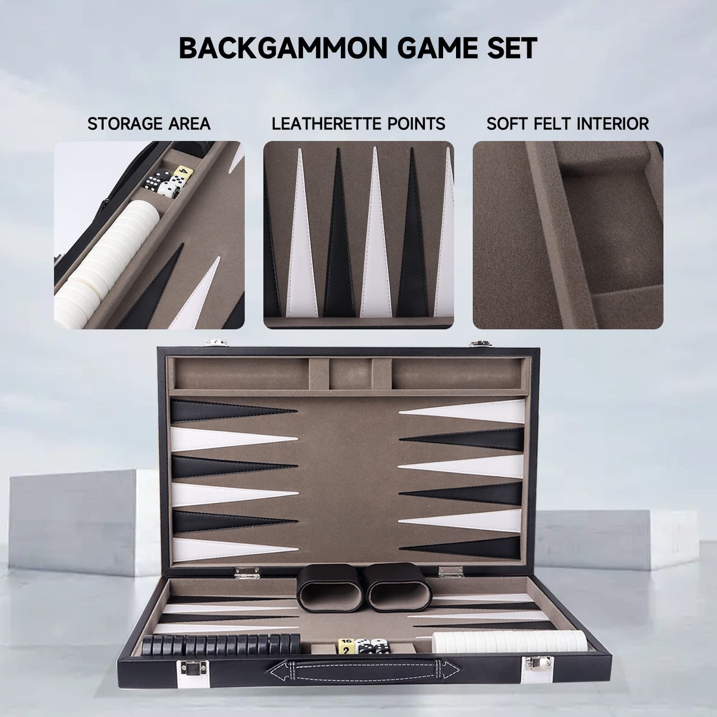 GSE Games & Sports Expert enhanced Leather Backgn Board Game Set  Classic Backgn Game Set with Leather Case  Travel Folding Board Game (Black&Grey  Large)