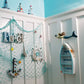 Wooden Boat Shelf, 16.5'H Standing Boat Display With Fish Net Starfish Seashell Accents White Beach Nautical Theme Decor