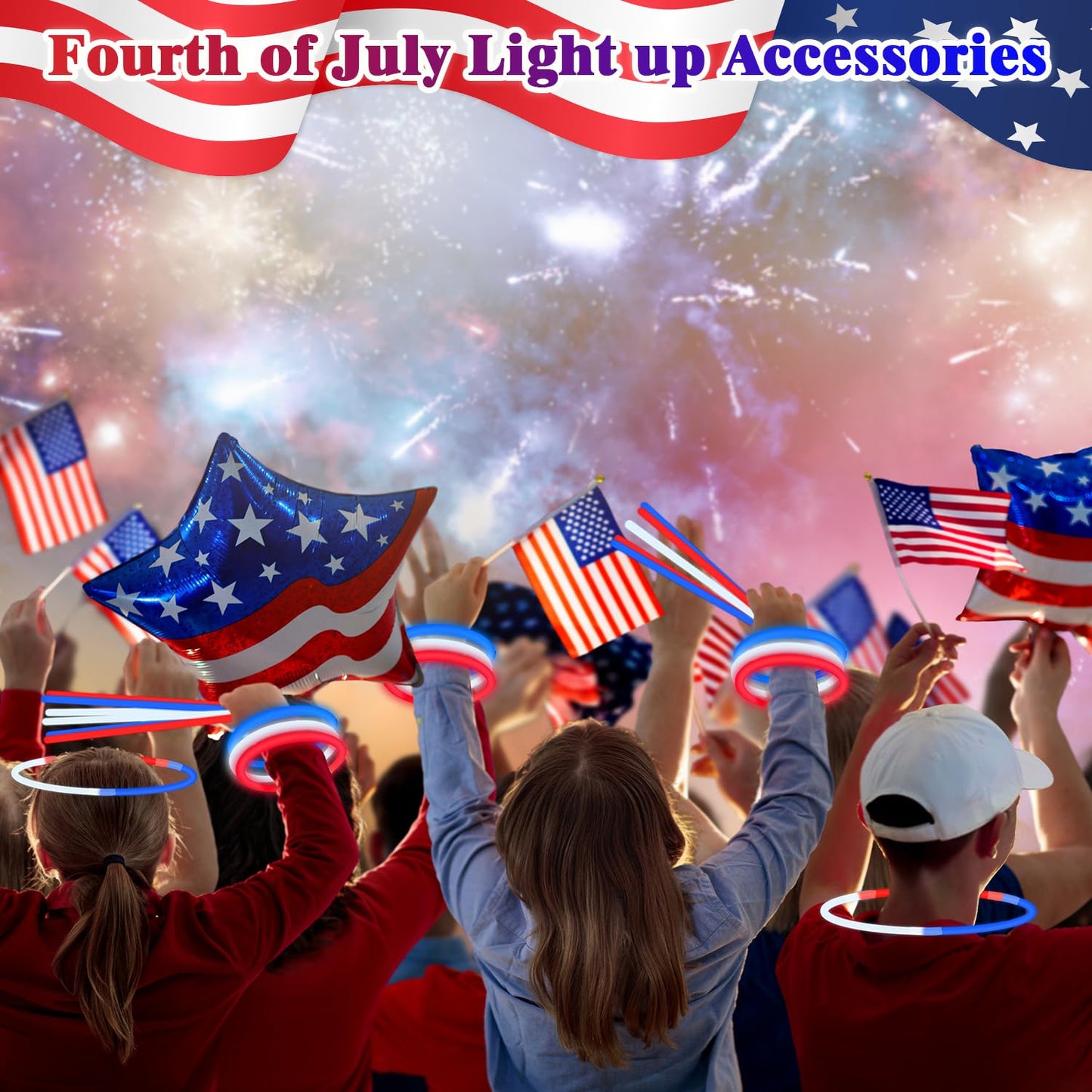 120 PCS 4th of July Accessories for Kids, Patriotic Red White Blue Glow Sticks Party Favors Supplies Bulk,Light up Necklaces Bra