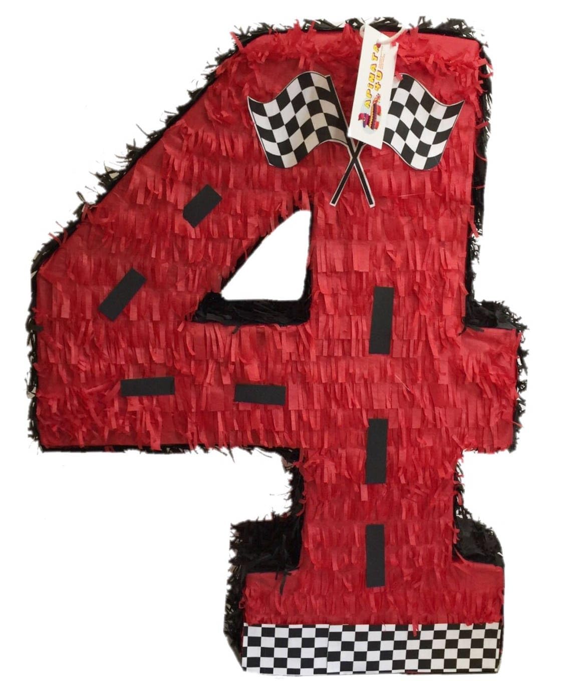 APINATA4U Number Four Race Car Pinata, Red Checkered Flag for Birthday, Racing Theme Party Supplies, Race Track Decor, Kids Pina