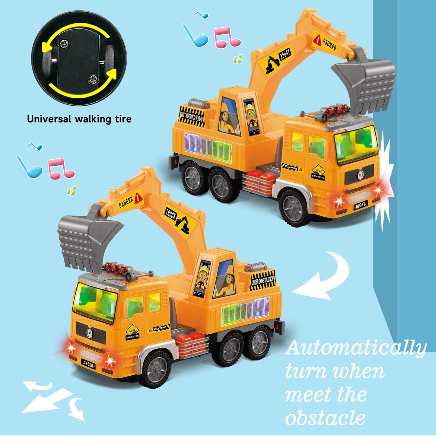 Ynanimery Construction Truck Toy, Excavator Truck Toys with 4D Lights & Sounds- Battery Operated Automatic Bump & Go, Truck Toys