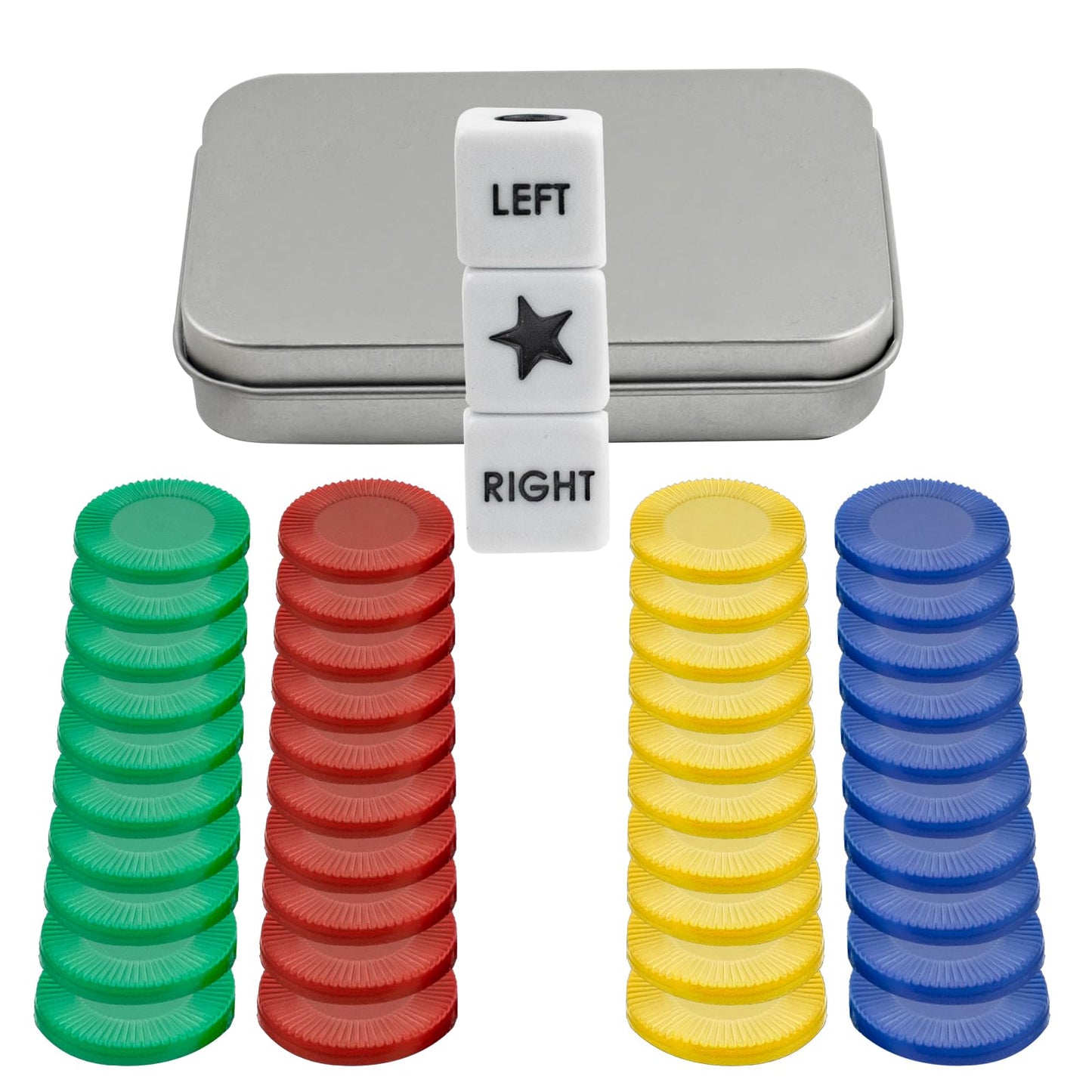 BEABOY Left Right Center Dice Game Set - 3 Colorful Dice & 40 Chips, Plastic, Model YX-ZZY-51
