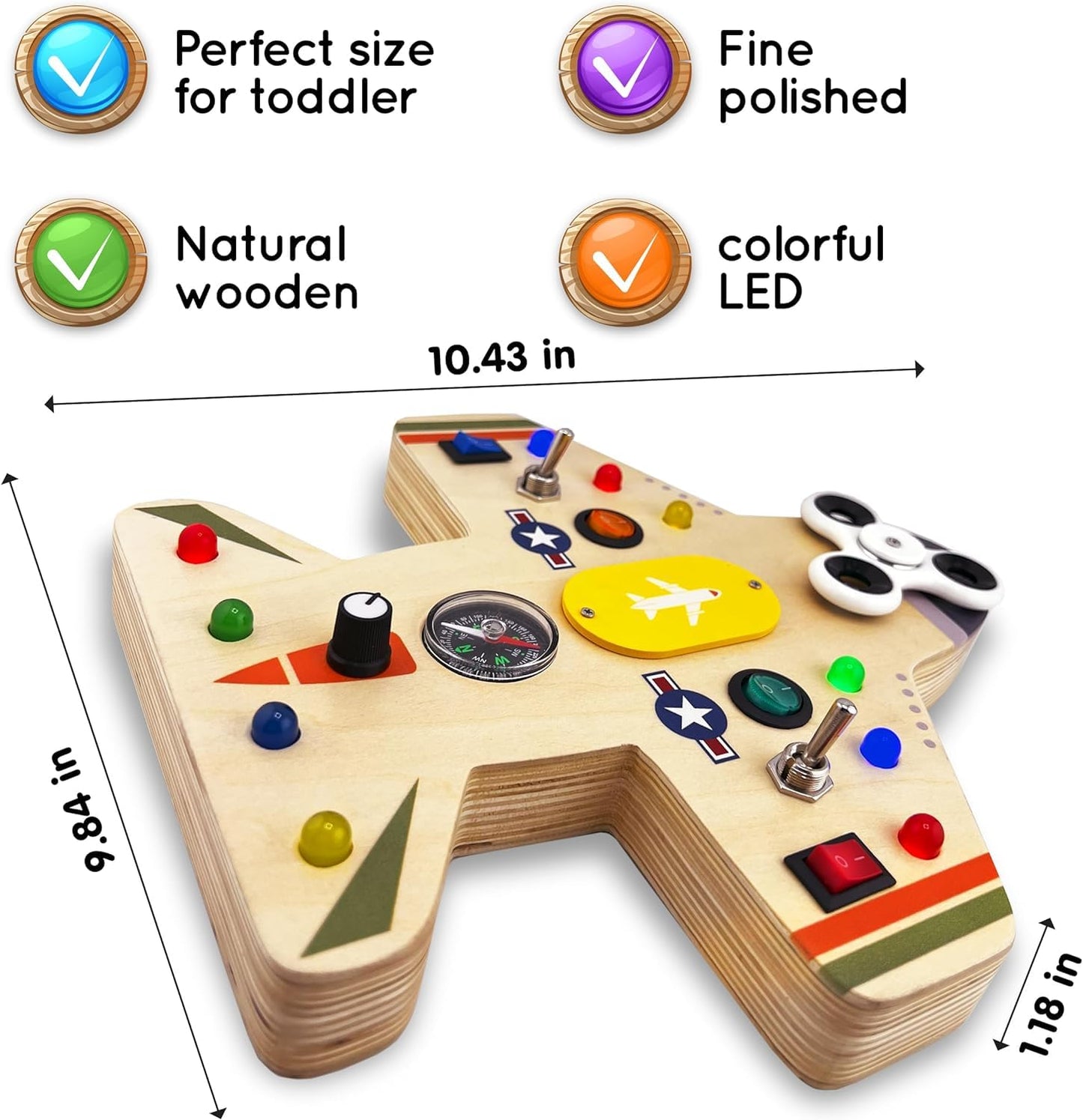 Toddler Montessori Busy Board - Wooden Educational Toy With Lights, Switches, Compass, Relay, Spinner - Sensory Board - Preschoo
