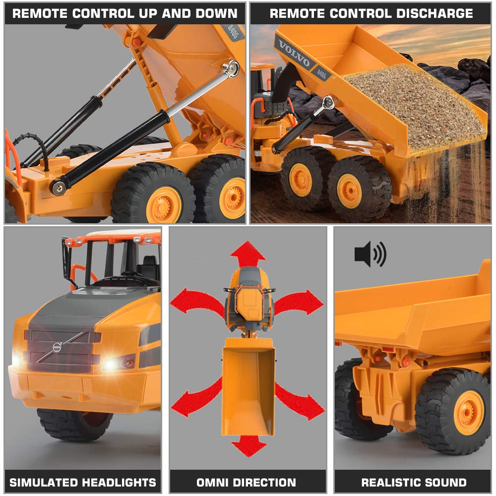 DOUBLE E Volvo RC Dump Truck Toy for Kids, Articulated Hauler, Remote Control Construction Toys Vehicles with Lights, Birthday G