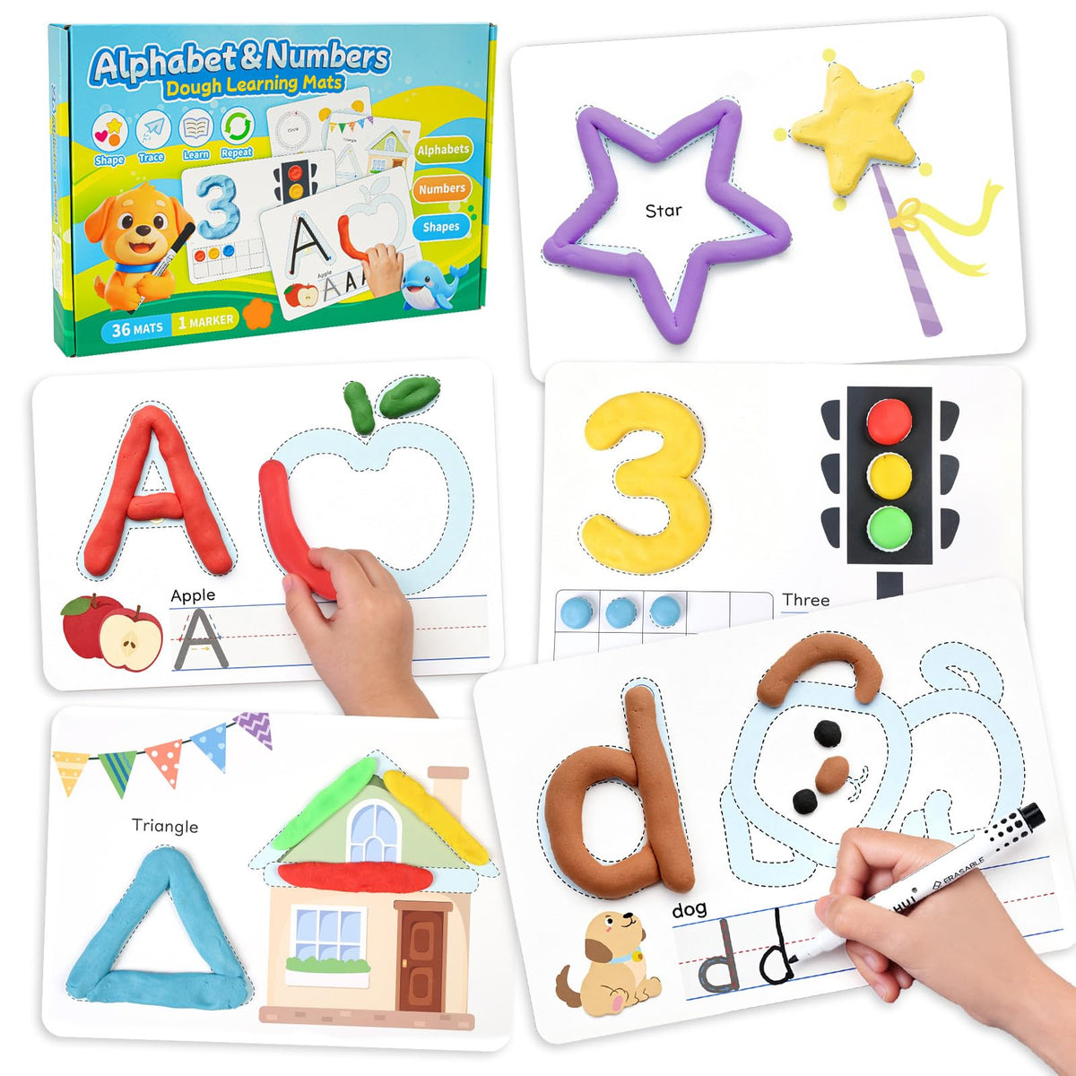 Crelloci Alphabet & Number Dough Learning Mats for Kids Ages 3+, ABC Cards