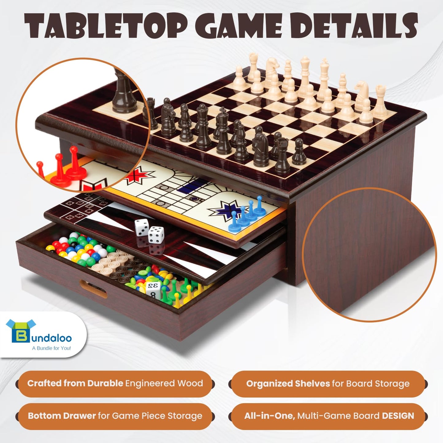 Bundaloo 10-In-1 Classic Wooden Board Game Set - Chess, Checkers, Backgammon, And More - Premium Multi-Game Collection With Buil