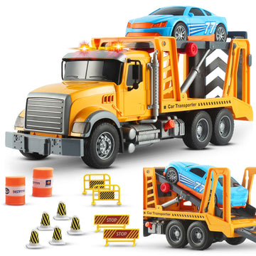 Kids Tow Truck Toy with Race Car - Friction-Powered Hauling Toy Tow Trucks for Boys Age 3-5 w/ Flashing Lights & Sounds - Playse