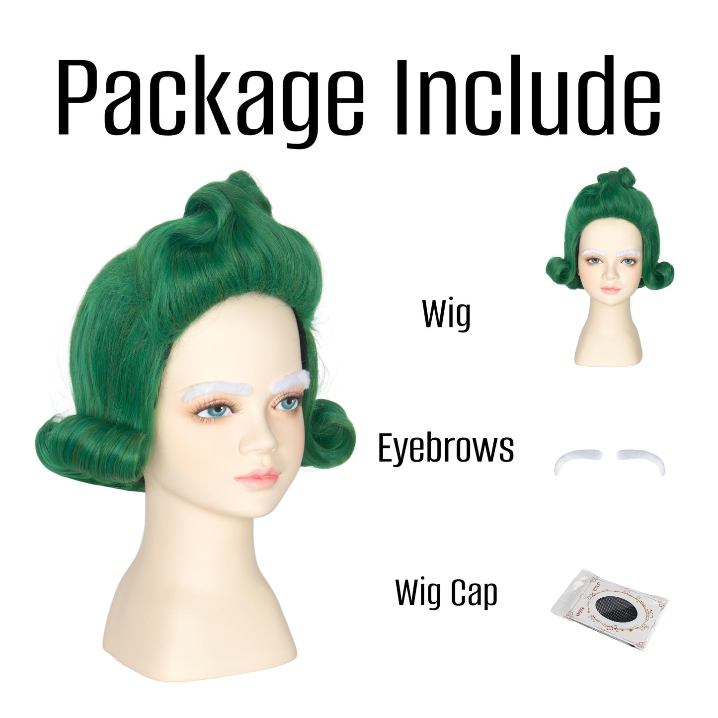 Yan Dream Kids Short Wavy Green Wig With White Eyebrows For Child Funny Wigs Halloween Party